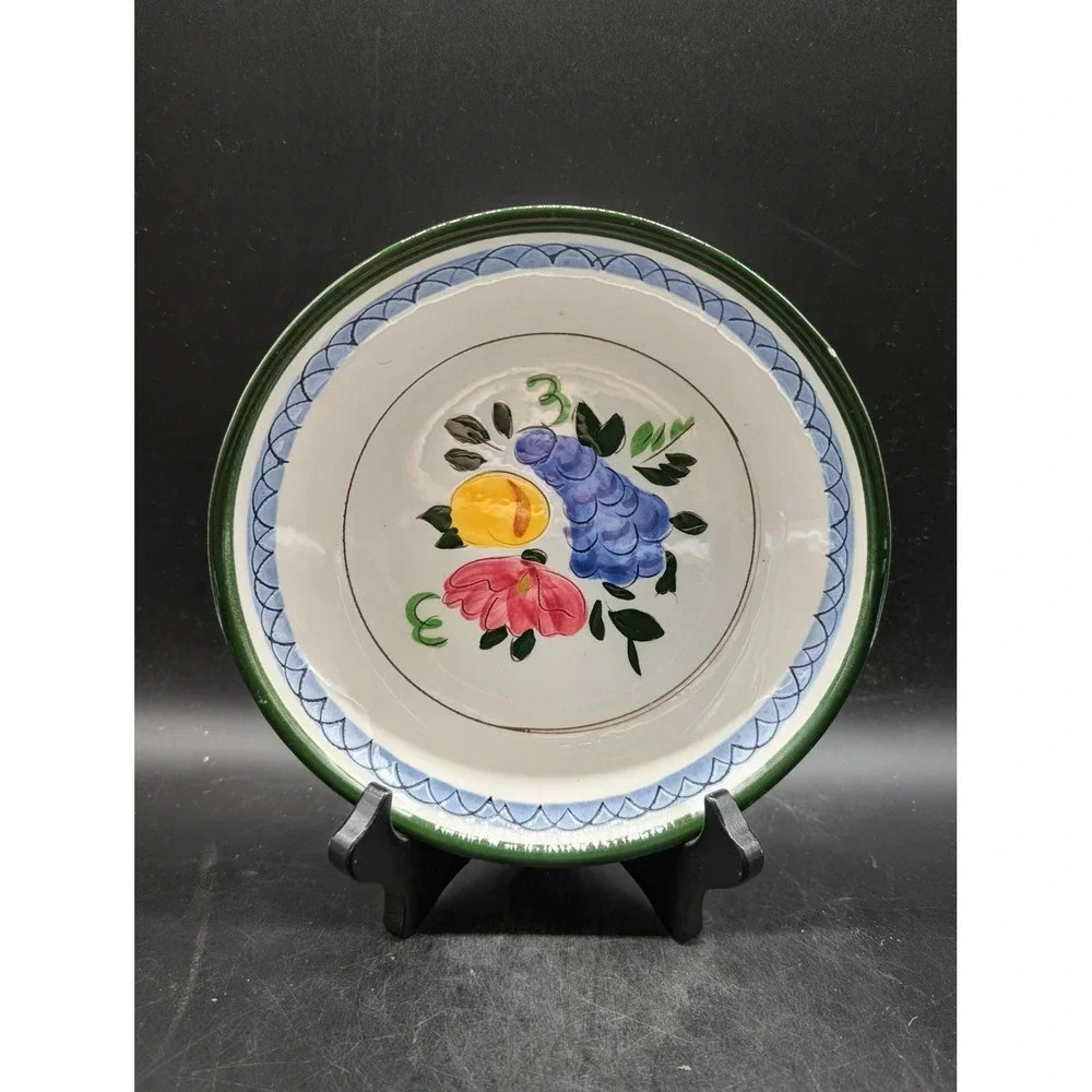 Hand Painted Stangl Fruit and Flowers Handled Serving Bowl Green Rim Blue 7.5